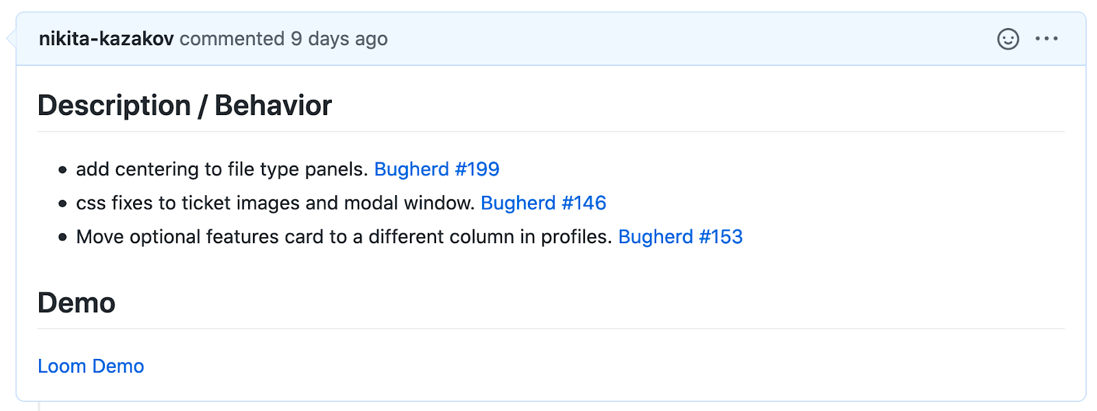 A pull request description with succinct bullet points, links to tickets, and a video link.